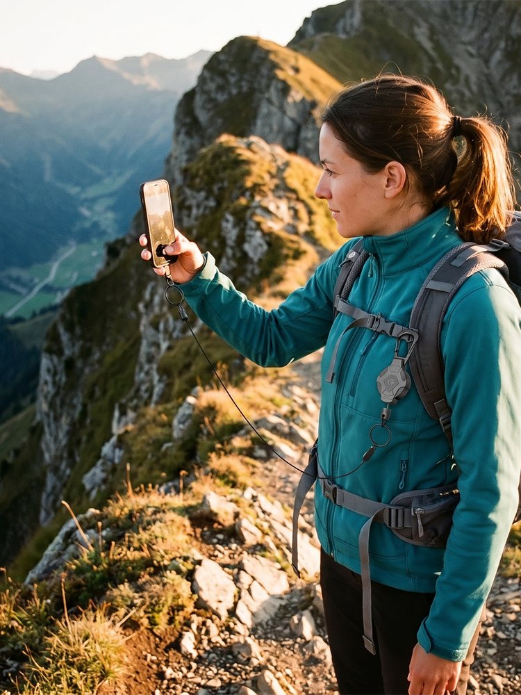 Wandelaarster op een bergkam maakt een foto met de telefoon aan het koord