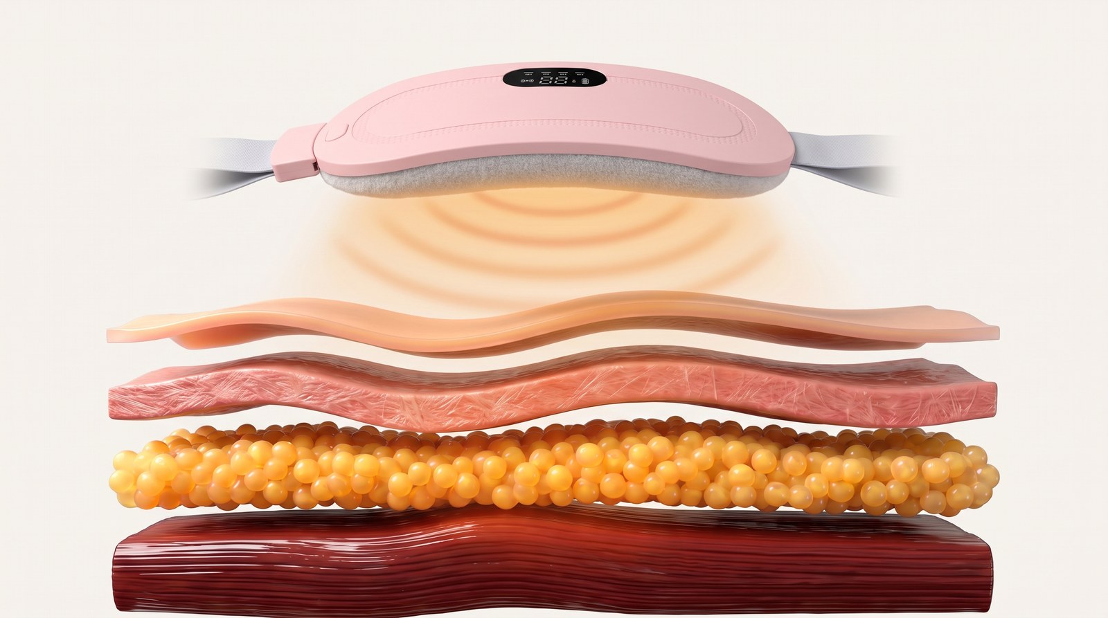 Doorsnede van huid, vetlaag en spier met de roze warmteband erboven die warmte naar beneden afgeeft