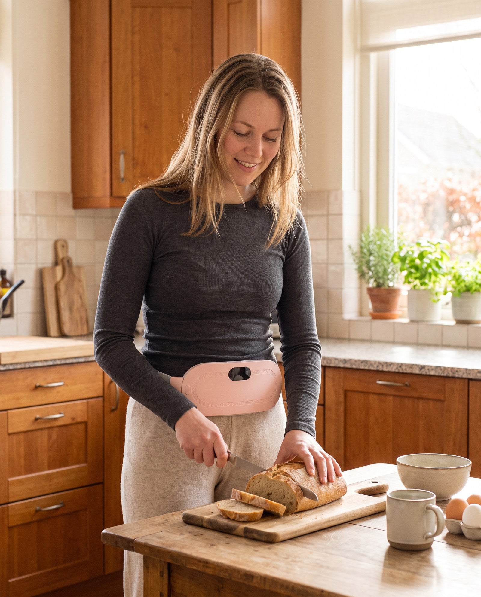 Vrouw staat in de keuken brood te snijden met de roze warmteband om haar buik