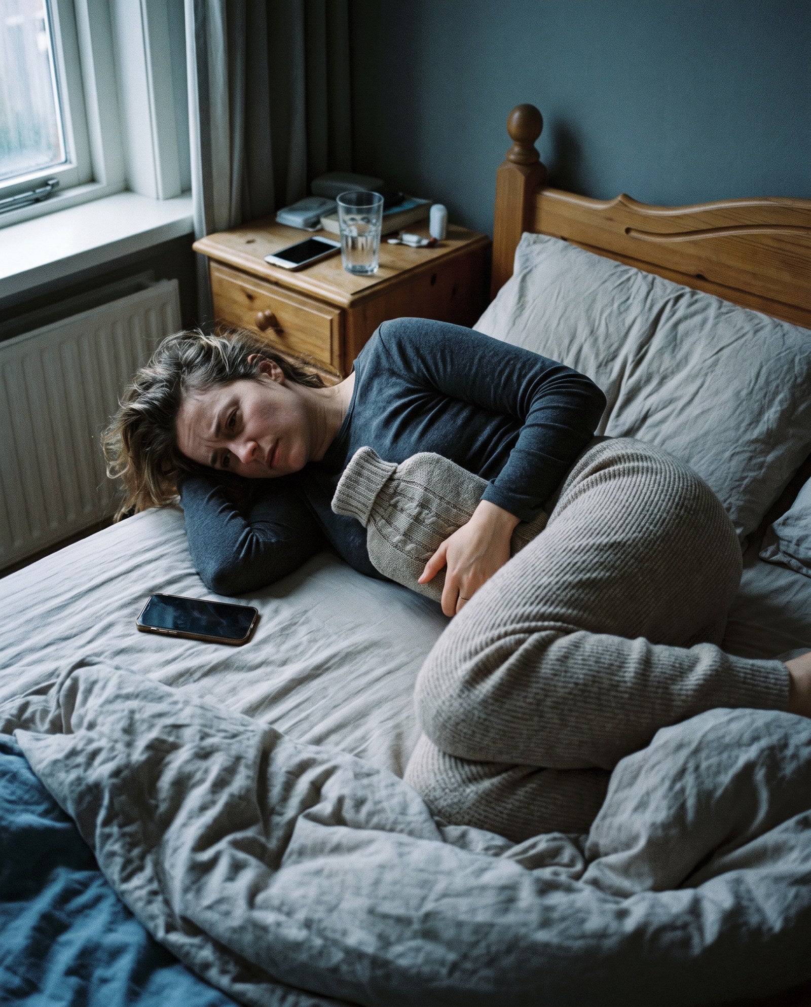 Vrouw ligt opgerold op bed met een kruik tegen haar buik